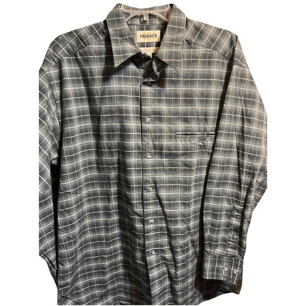 TGI Fridays Button Up Shirt Men’s 16 32/33 Gray Plaid Cotton Long Sleeve